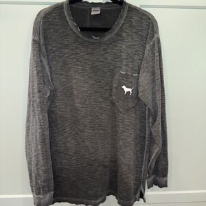 PINK Victoria's Secret Gray Distressed Long Sleeve Pocket Dog Graphic Tee Large